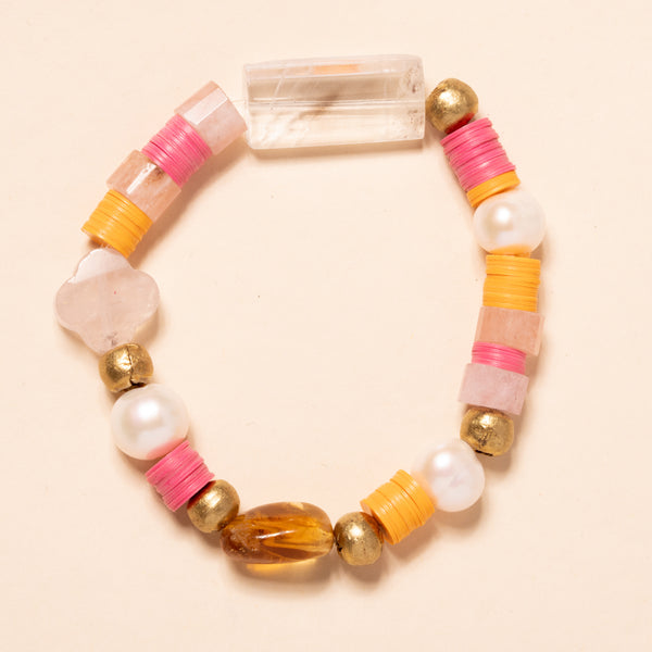 Pearls, African vinyl, Brass, Quartz, Citrine, and Rose Quartz Bloom Bracelet