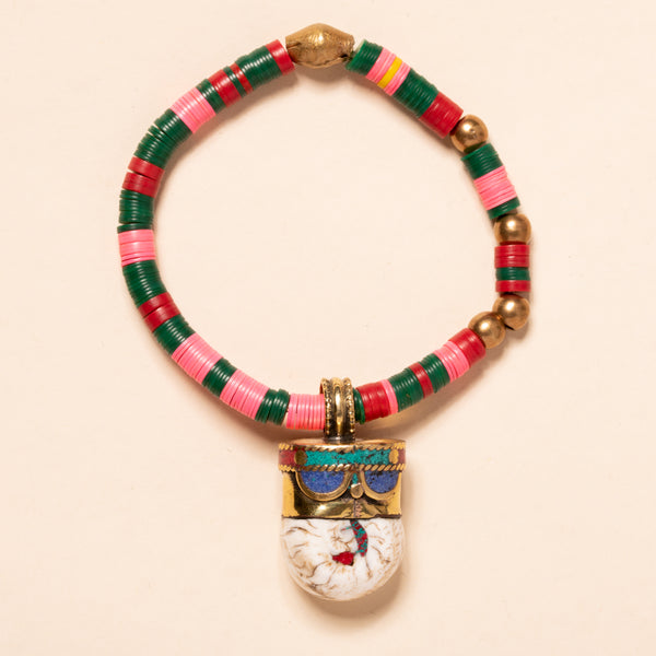 African Viuye, Conch Shell, African Brass with Tibetan Bead Bloom Bracelet