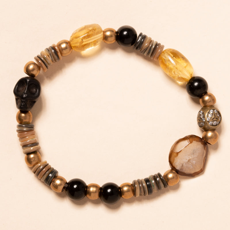 African Brass and Glass, Citrine, Geode, Gold Obsidian, Brass with Diamond Bloom Bracelet