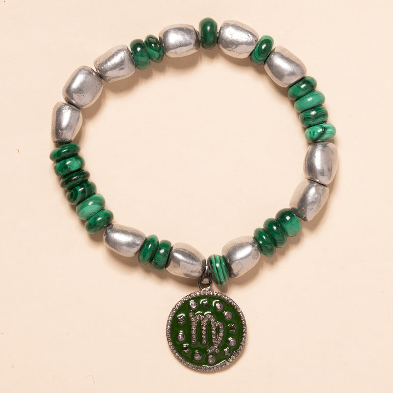 Malachite and Silver Brass Beads with Diamond and Enamel Virgo Pendant Bloom Bracelet