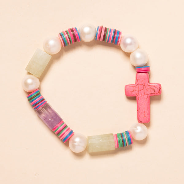 African Vinyl, Pearl, Amethyst, Aquamarine, Rose Quartz, with Cross Bloom Bracelet