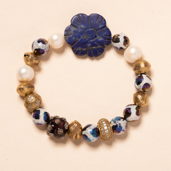 African Brass, Pearls, Plated Agate with Afghan Lapis Pendant Bloom Bracelet