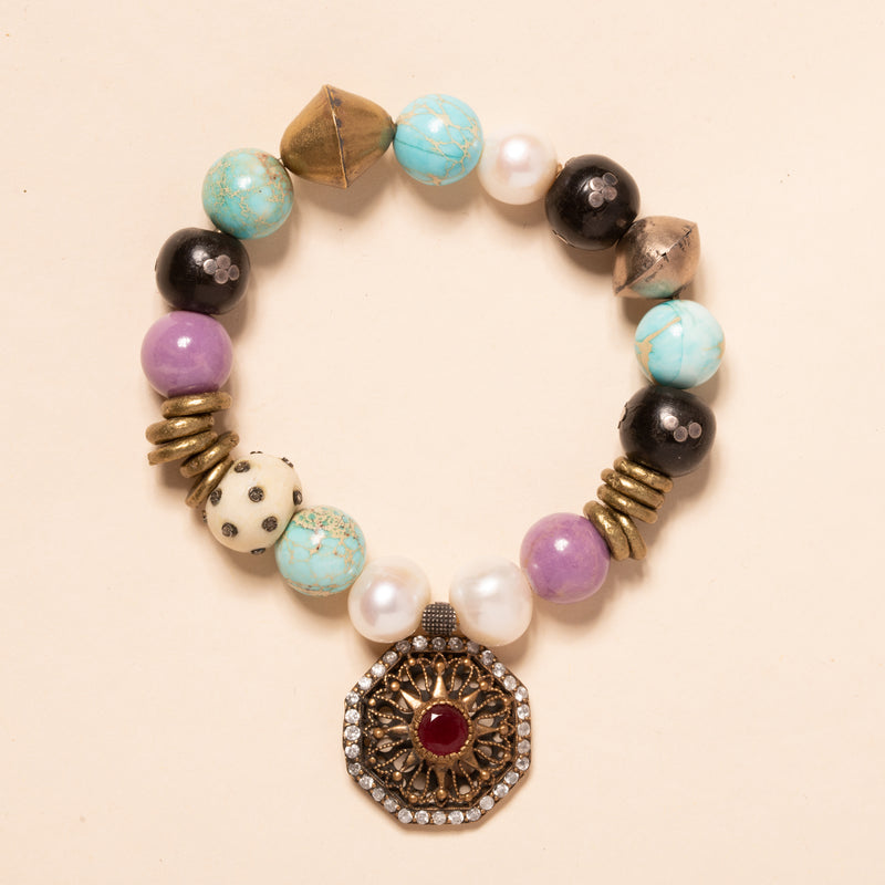 Imperial Turquoise, African Brass, Purple Opal, Vinyl and Silver, Pearls with Brass, Diamond and Ruby Pendant Bloom Bracelet