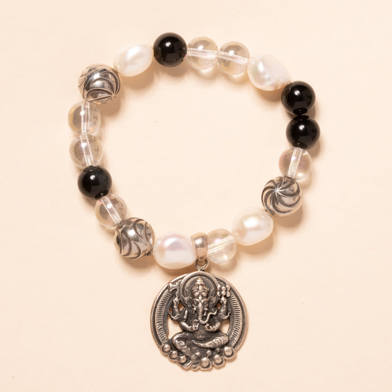Silver Ganesha Pendant with Pearls, Black Obsidian, and Aura Quartz Beads Bloom Bracelet