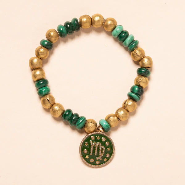 Malachite and Brass Beads with Gold Diamond and Enamel Virgo Pendant Bloom Bracelet
