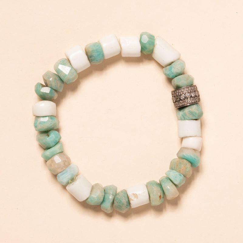 Russian Amazonite and Shell Beads with Diamond Roundel Bloom Bracelet