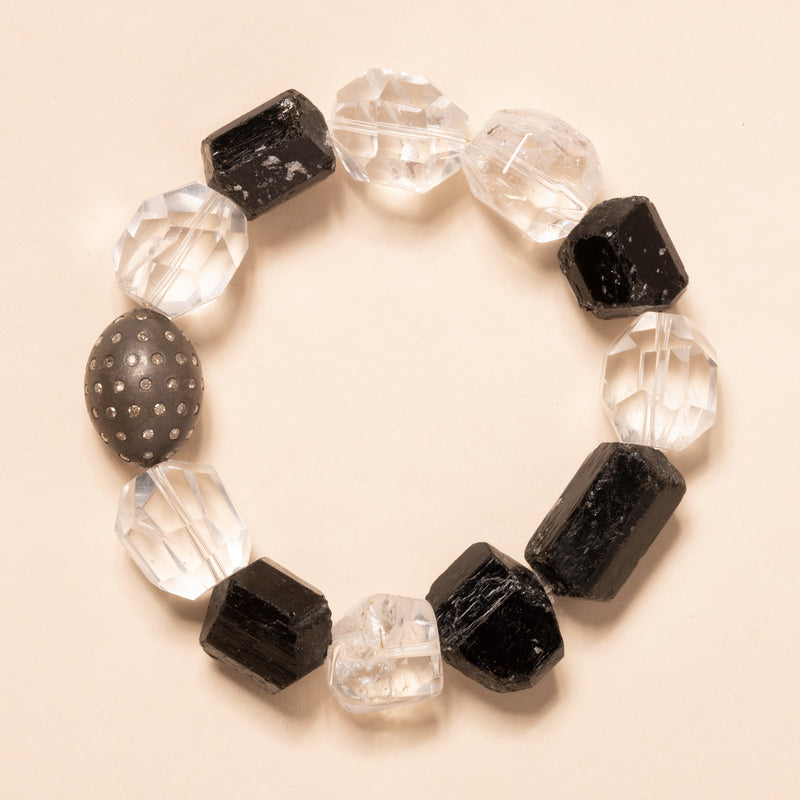 Black Tourmaline, Rock Crystal, and Oxidized Silver with Diamond Bead Bloom Bracelet