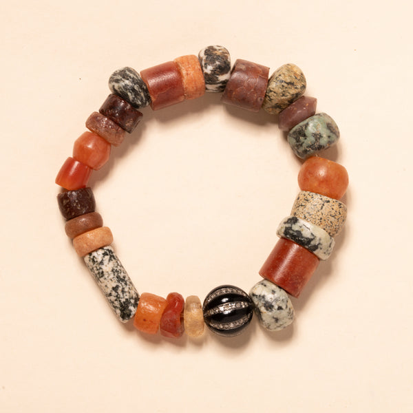 Vintage African Clay Beads with Black Enamel and Diamond Bead Bloom Bracelet