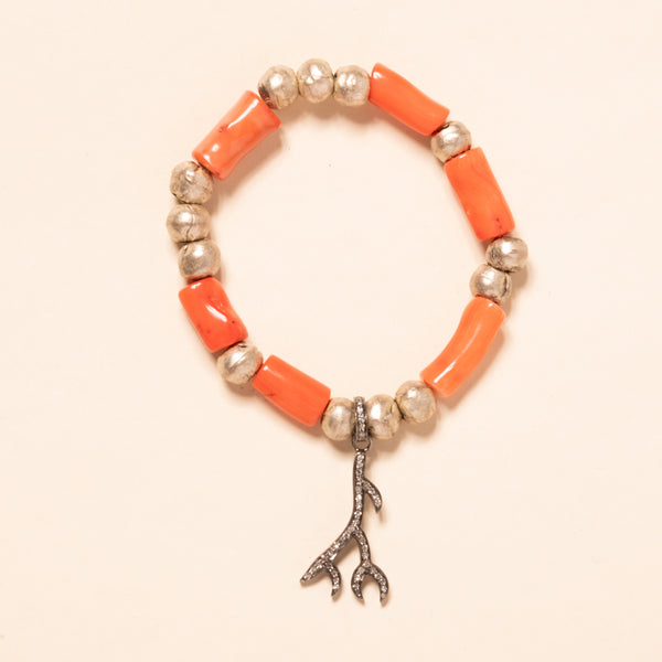 Coral and African Silver Brass with Silver and Diamond Branch Pendant Bloom Bracelet