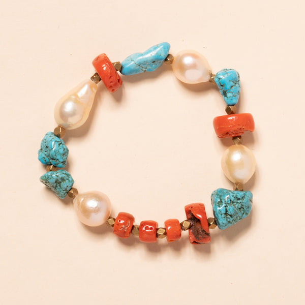Rough Turquoise, Coral, Pearl and Brass Beads Bloom Bracelet