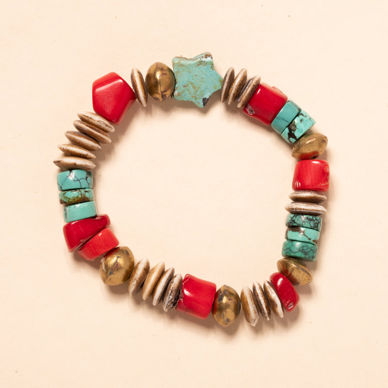 Buffalo Bone, African Brass, Red Coral, and Turquoise Beads Bloom Bracelet
