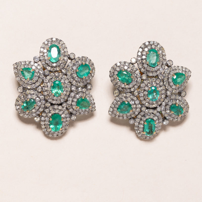 Emerald and pave diamond flower motif earrings 