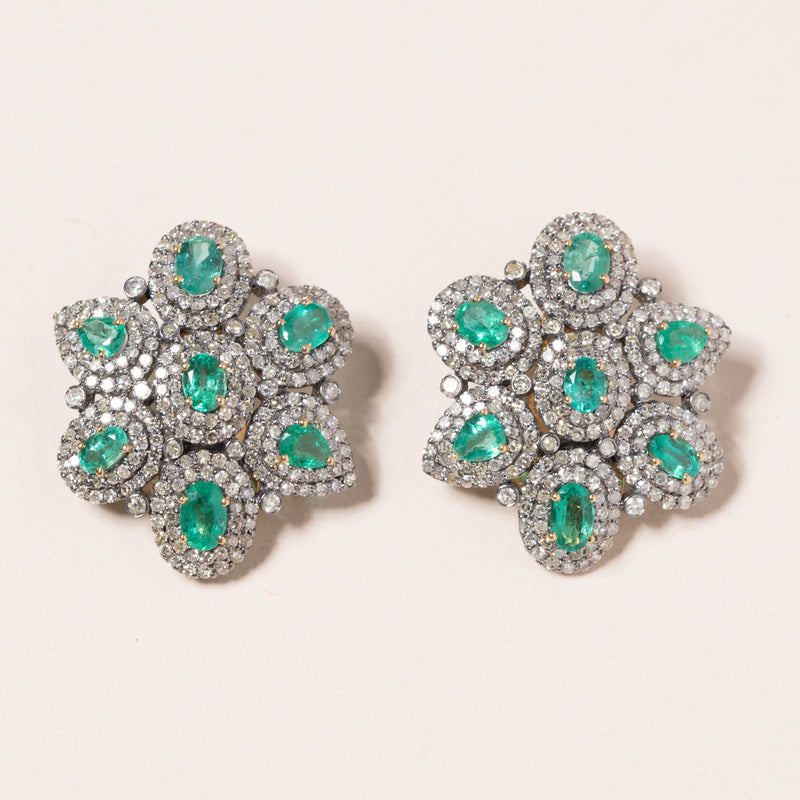 Emerald and pave diamond flower motif earrings 