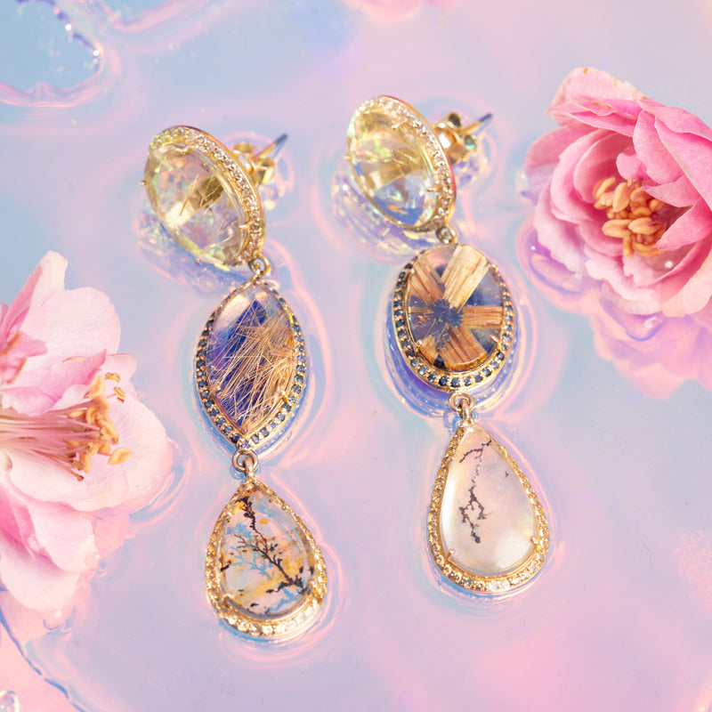 Rutilated Quartz with Lapis Backing and Dendritic Agate Earrings