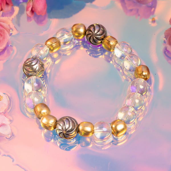 Aura Quartz beads with Sliver Beads and African Brass Bloom Bracelet