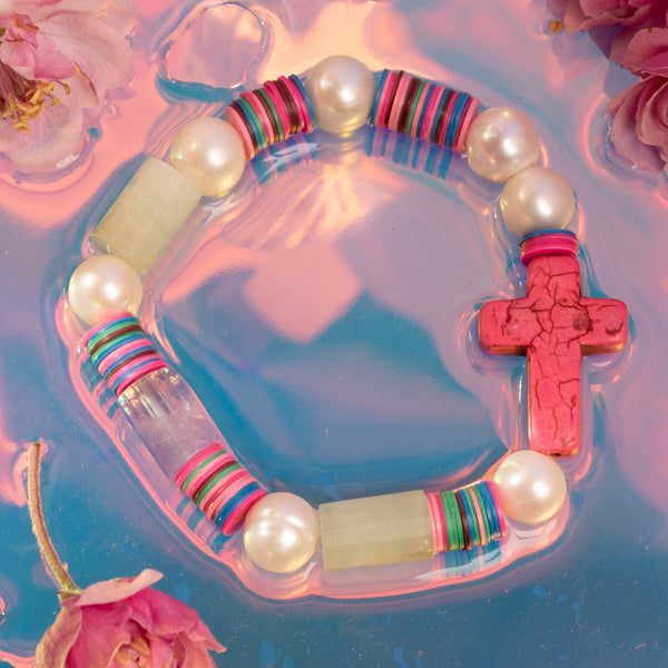 African Vinyl, Pearl, Amethyst, Aquamarine, Rose Quartz, with Cross Bloom Bracelet