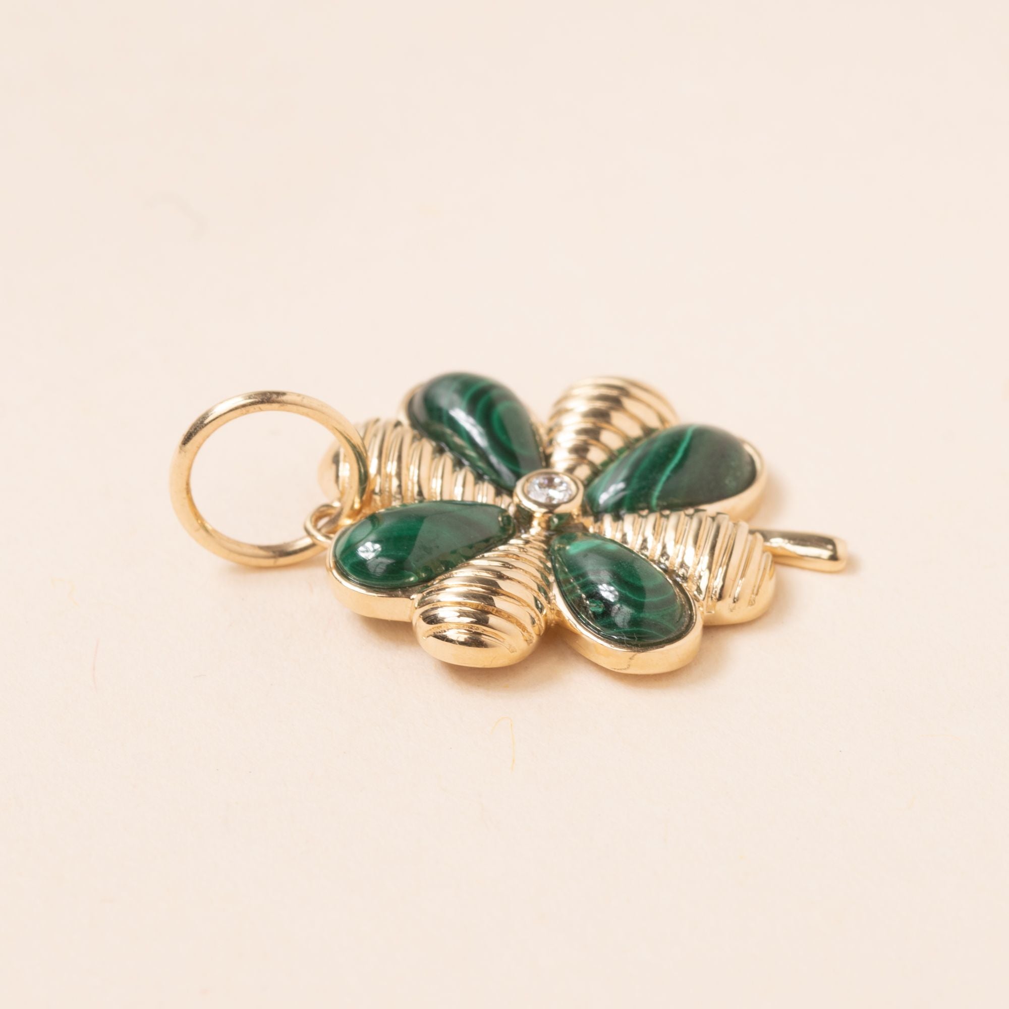 petite gold and malachite clover with diamond center pendant 