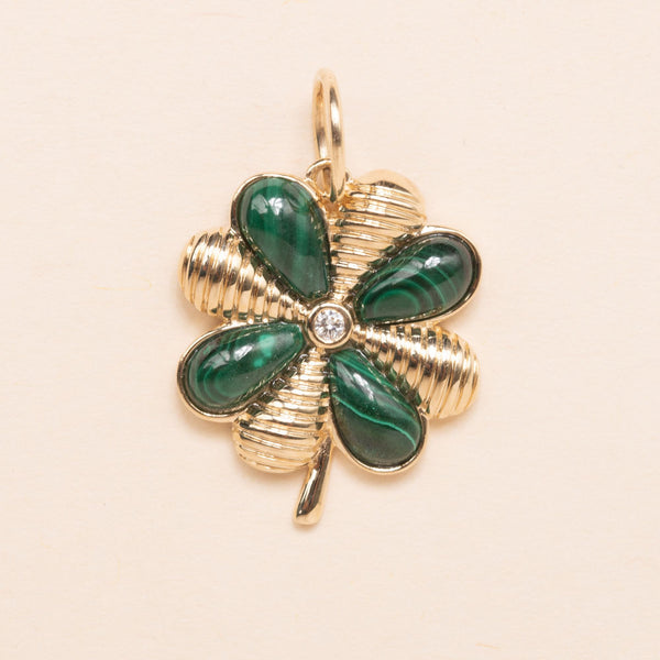 petite gold and malachite clover with diamond center pendant 