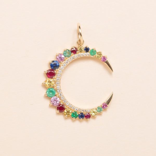 gold crescent moon with mixed sapphires and diamonds pendant 
