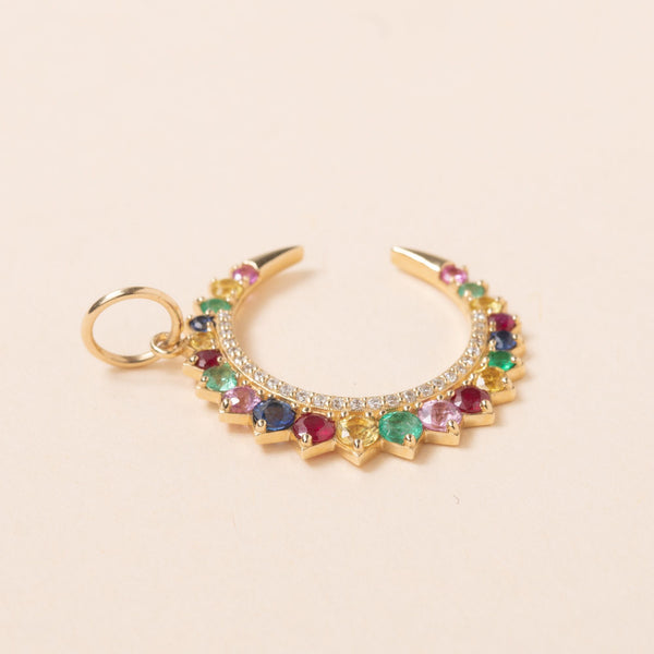 gold crescent moon with mixed sapphires and diamonds pendant 