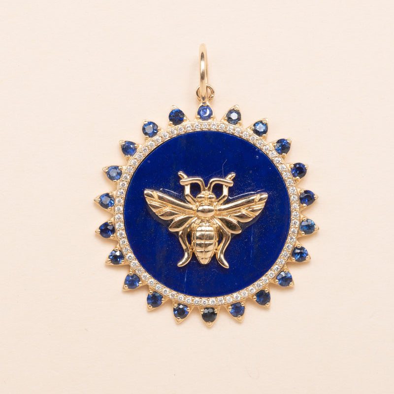 gold bee with blue enamel diamond and sapphire pendant 